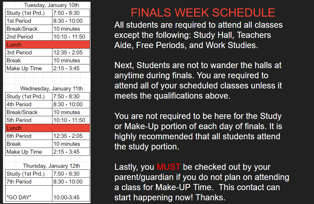 HS Finals Schedule
